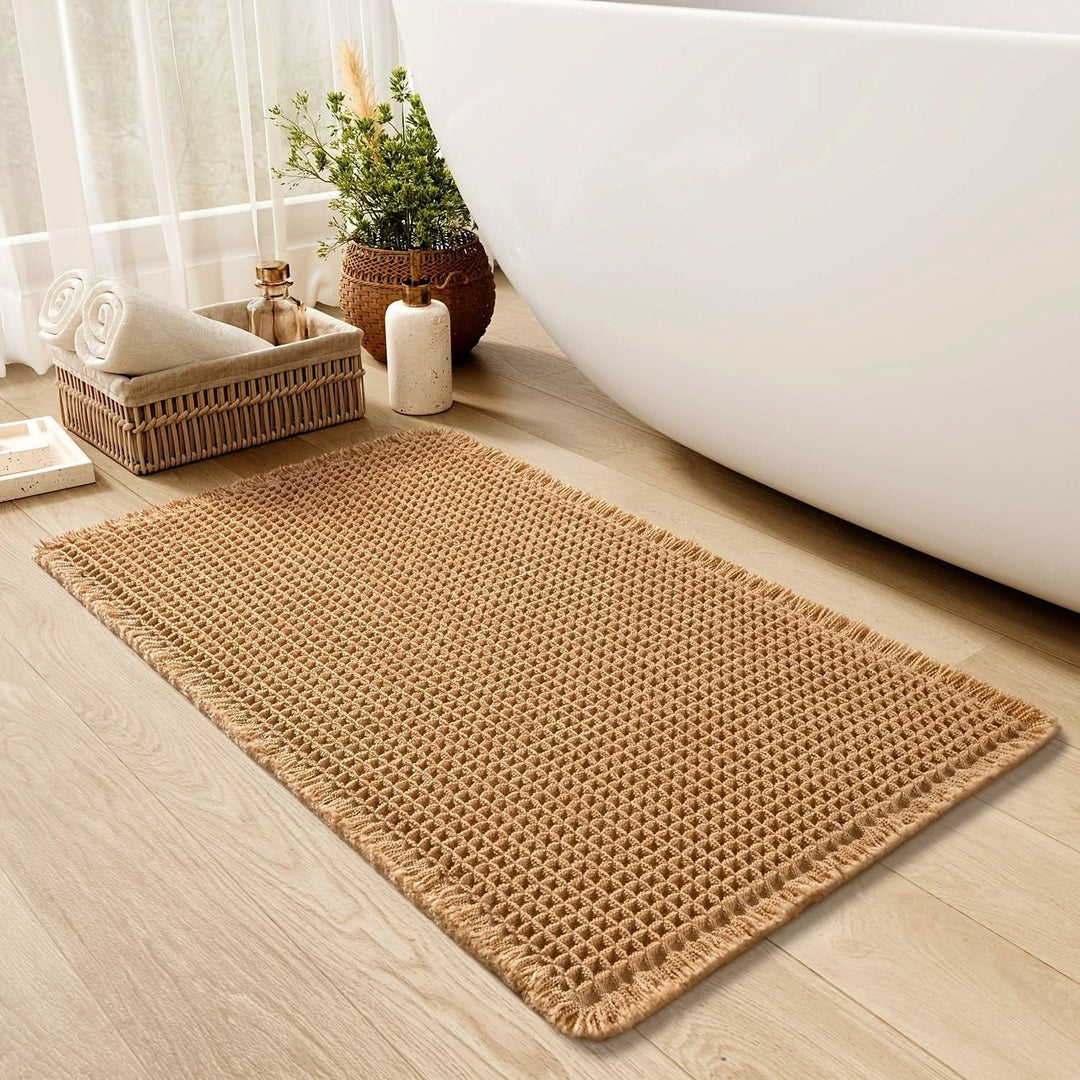 AbsorbEase | Waffel-Badematte mit Fransen – Schnelltrocknend & Rutschfest
