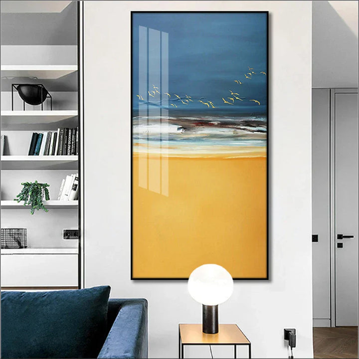 Abstrakt Strand Scene Lerrettrykk Hav Sand Landskap Veggkunst Gylden Sand Milde Bølger & Dynamisk Himmel med Fugler | Skanto