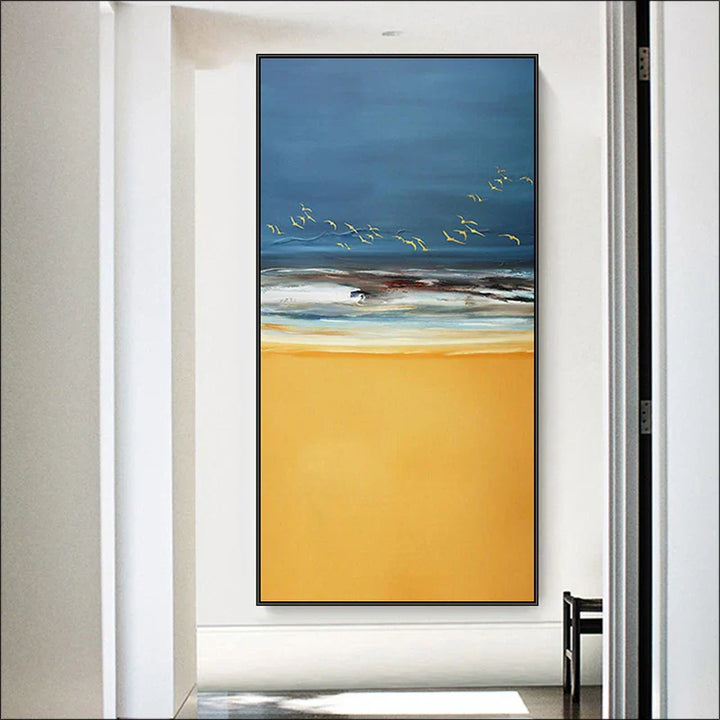 Abstrakt Strand Scene Lerrettrykk Hav Sand Landskap Veggkunst Gylden Sand Milde Bølger & Dynamisk Himmel med Fugler | Skanto