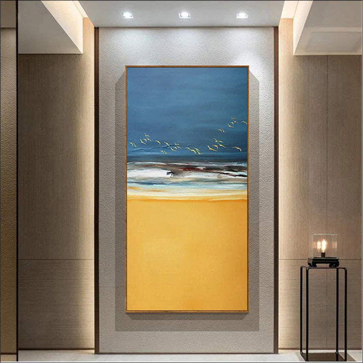 Abstrakt Strand Scene Lerrettrykk Hav Sand Landskap Veggkunst Gylden Sand Milde Bølger & Dynamisk Himmel med Fugler | Skanto