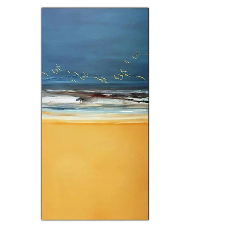 Abstrakt Strand Scene Lerrettrykk Hav Sand Landskap Veggkunst Gylden Sand Milde Bølger & Dynamisk Himmel med Fugler | Skanto