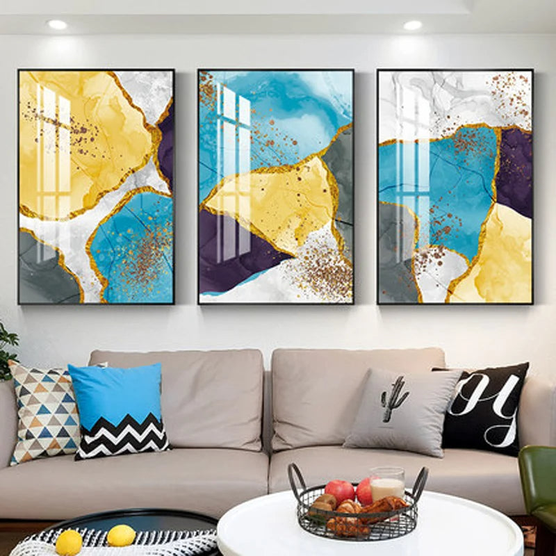 Abstrakt blå gul grå marmor trykk veggkunst fine art lerret trykk bilder for moderne leilighet stue hjemmekontor kunst dekor | Skanto