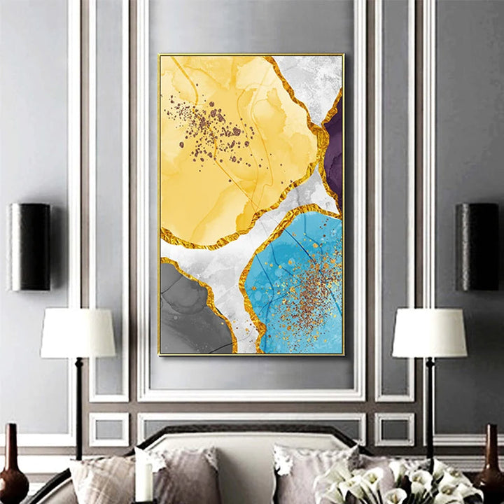 Abstrakt blå gul grå marmor trykk veggkunst fine art lerret trykk bilder for moderne leilighet stue hjemmekontor kunst dekor | Skanto