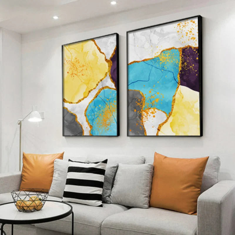 Abstrakt blå gul grå marmor trykk veggkunst fine art lerret trykk bilder for moderne leilighet stue hjemmekontor kunst dekor | Skanto