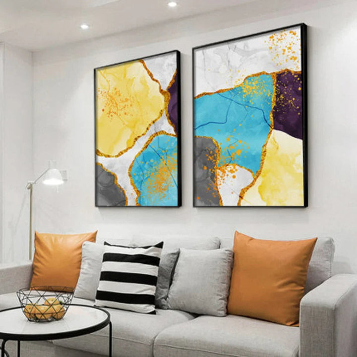 Abstrakt blå gul grå marmor trykk veggkunst fine art lerret trykk bilder for moderne leilighet stue hjemmekontor kunst dekor | Skanto