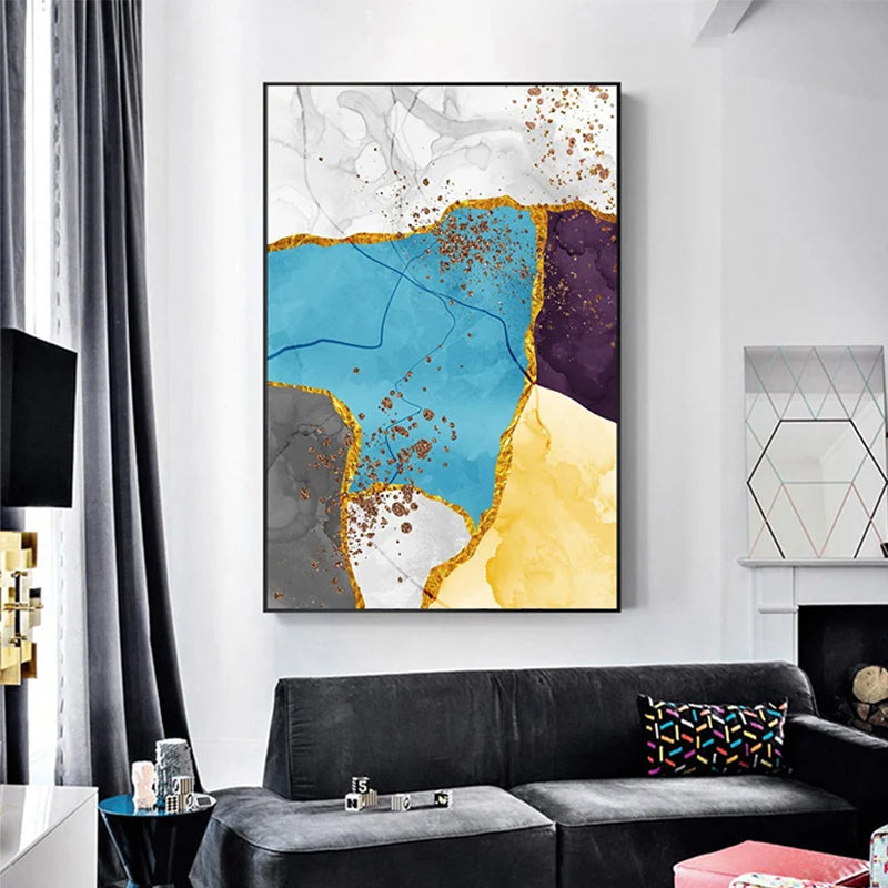 Abstrakt blå gul grå marmor trykk veggkunst fine art lerret trykk bilder for moderne leilighet stue hjemmekontor kunst dekor | Skanto