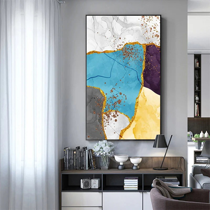 Abstrakt blå gul grå marmor trykk veggkunst fine art lerret trykk bilder for moderne leilighet stue hjemmekontor kunst dekor | Skanto