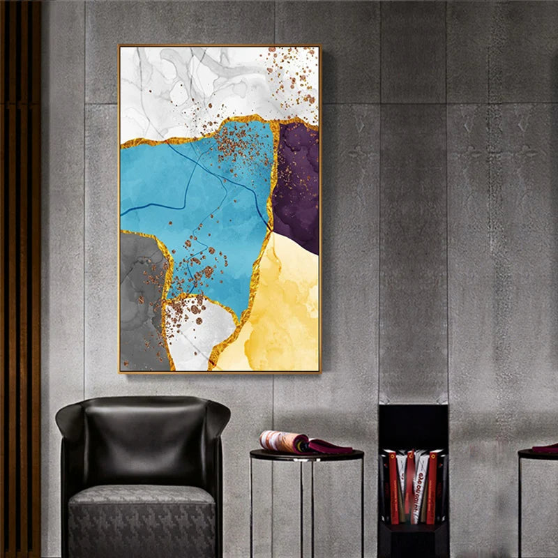 Abstrakt blå gul grå marmor trykk veggkunst fine art lerret trykk bilder for moderne leilighet stue hjemmekontor kunst dekor | Skanto