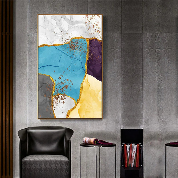 Abstrakt blå gul grå marmor trykk veggkunst fine art lerret trykk bilder for moderne leilighet stue hjemmekontor kunst dekor | Skanto