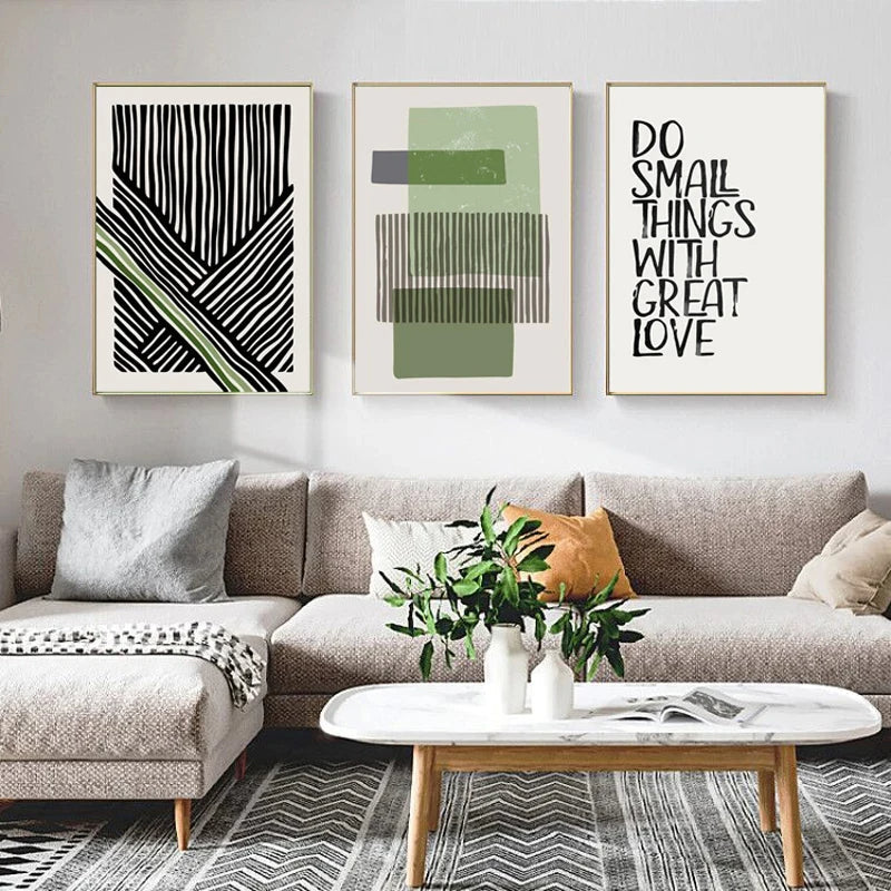 Abstrakt grønn geometrisk linjekunst veggkunst fine kunst lerrettrykk bilder for moderne leilighet stue hjemmekontor kunstdekor | Skanto