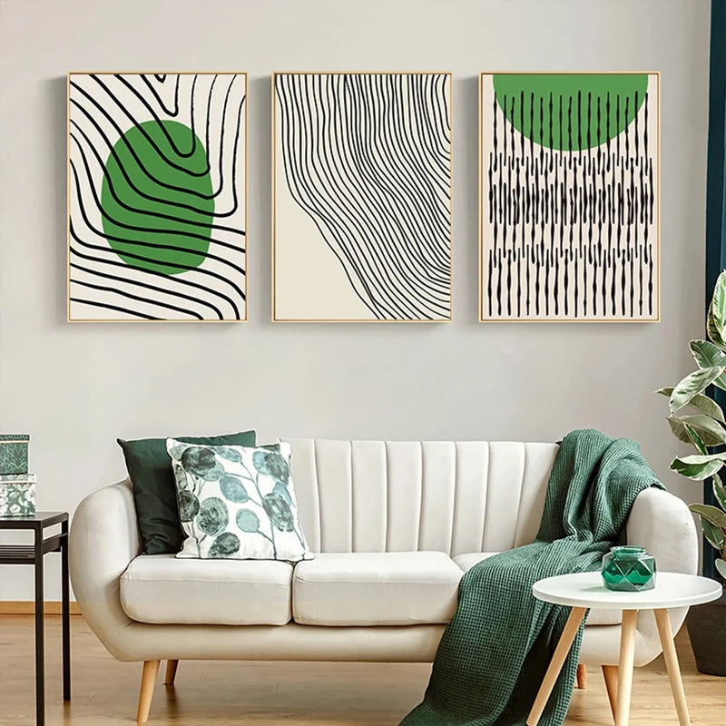 Abstrakt grønn geometrisk linjekunst veggkunst fine kunst lerrettrykk bilder for moderne leilighet stue hjemmekontor kunstdekor | Skanto