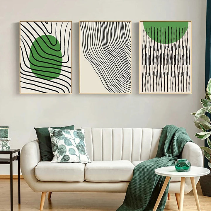 Abstrakt grønn geometrisk linjekunst veggkunst fine kunst lerrettrykk bilder for moderne leilighet stue hjemmekontor kunstdekor | Skanto