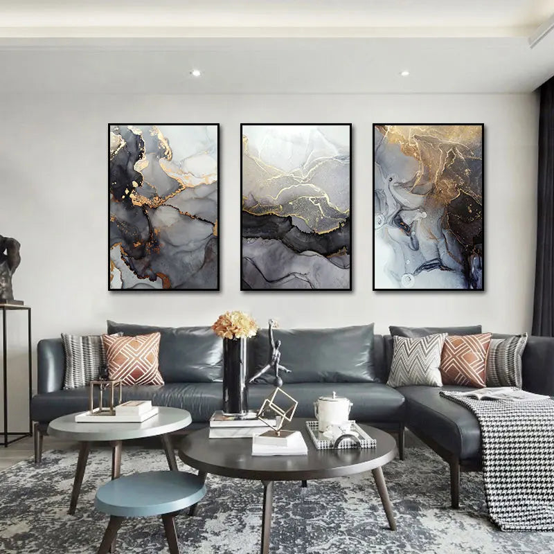 Abstrakt grå gull marmorert veggkunst Fine Art lerretsutskrifter plakatbilder for moderne leilighet stue kunstdekorasjon | Skanto
