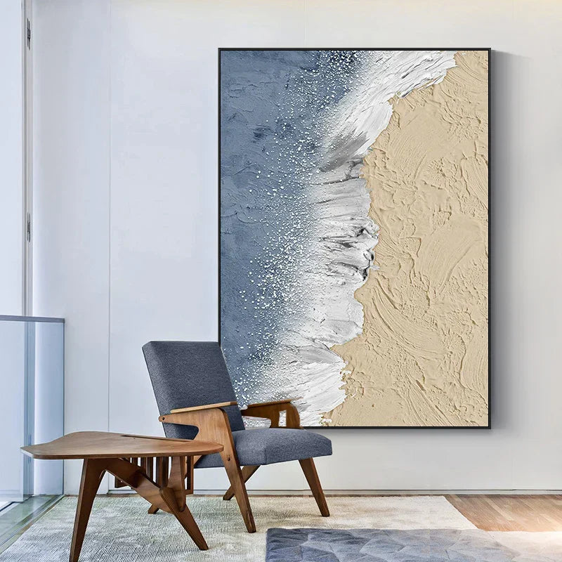 Abstrakt sandkystlandskap veggbilde Fin kunstler lerret trykk Teksturert penselstrøk design havbølger bilder for stue inngangshall kunstdekor | Skanto