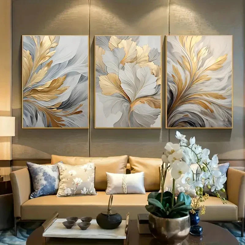 Sett med 3 stk Abstrakte Hvite Gyldne Blader Florale Veggkunst Fine Kunstlerrettrykk Moderne Botaniske Bilder For Stue Spisestue Soverom Kunst Dekor | Skanto