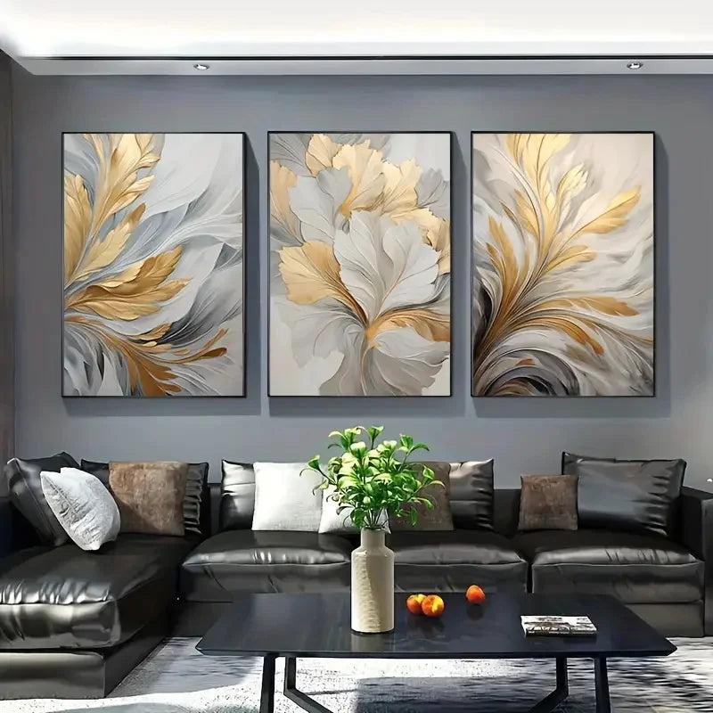 Sett med 3 stk Abstrakte Hvite Gyldne Blader Florale Veggkunst Fine Kunstlerrettrykk Moderne Botaniske Bilder For Stue Spisestue Soverom Kunst Dekor | Skanto