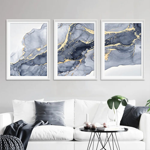 Nyansene av blå abstrakt flytende marmor veggkunst Fine Art lerretstrykk med gyldne aksenter bilder for stue moderne soveroms kunstdekor | Skanto