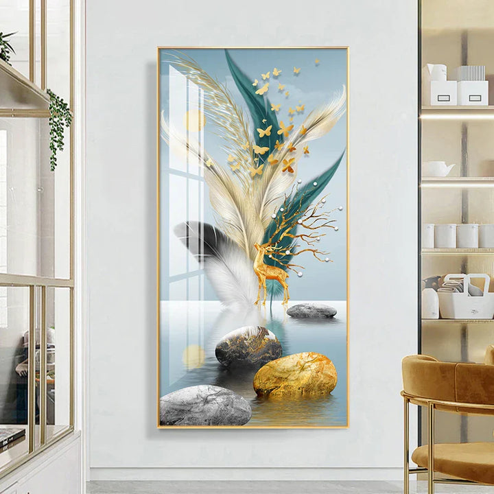 Lykkevisjon Abstrakt Gylden Fjær Hjort Landskap Veggkunst Fine Kunst Lærredstrykk Bilder For Stue Inngang Foyer Lys Luksuriøs Boliginnredning | Skanto