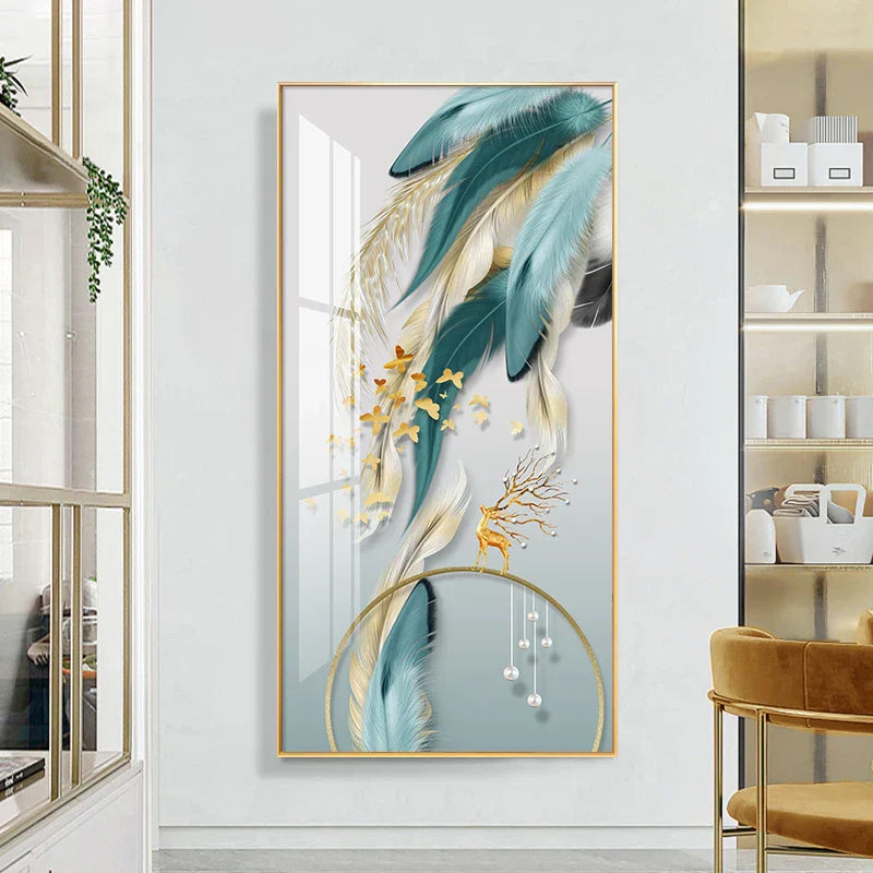 Lykkevisjon Abstrakt Gylden Fjær Hjort Landskap Veggkunst Fine Kunst Lærredstrykk Bilder For Stue Inngang Foyer Lys Luksuriøs Boliginnredning | Skanto