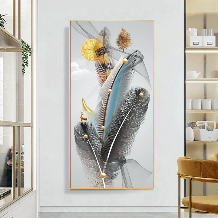 Lykkevisjon Abstrakt Gylden Fjær Hjort Landskap Veggkunst Fine Kunst Lærredstrykk Bilder For Stue Inngang Foyer Lys Luksuriøs Boliginnredning | Skanto