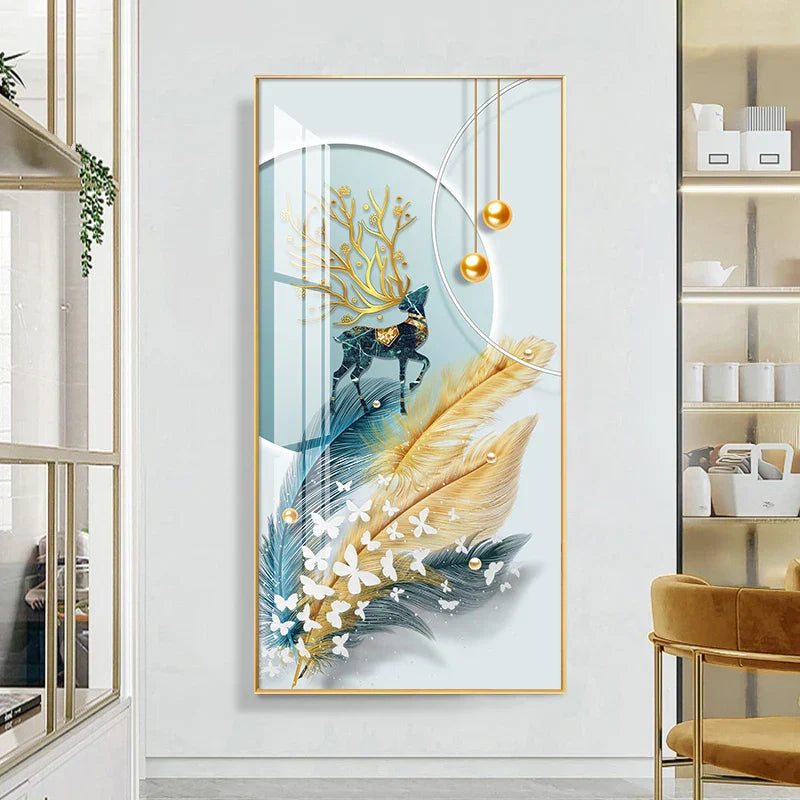 Lykkevisjon Abstrakt Gylden Fjær Hjort Landskap Veggkunst Fine Kunst Lærredstrykk Bilder For Stue Inngang Foyer Lys Luksuriøs Boliginnredning | Skanto