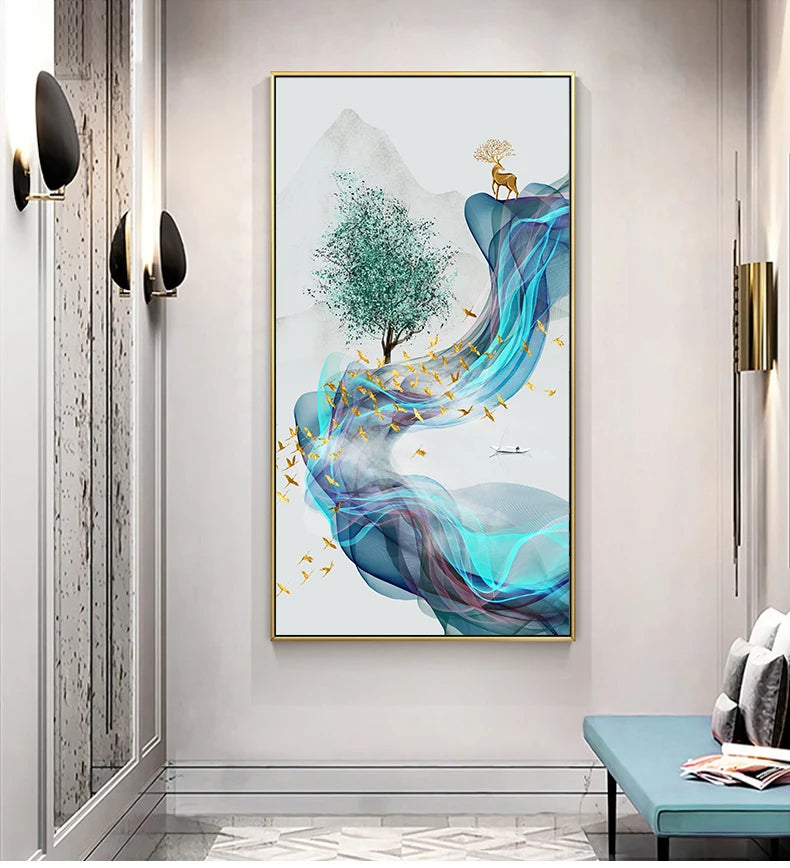 Lykke bringende Gyldne Reinsdyr Flytende Abstrakt Landskap Veggkunst Fint Kunst Lerret Trykk Inspirasjonsbilder For Stue Spisestue Kunst Dekor | Skanto