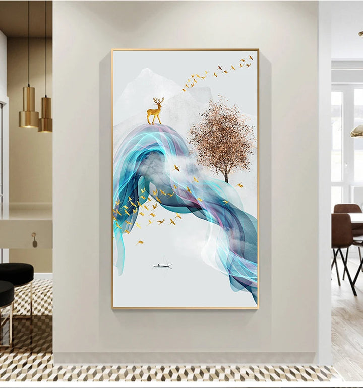 Lykke bringende Gyldne Reinsdyr Flytende Abstrakt Landskap Veggkunst Fint Kunst Lerret Trykk Inspirasjonsbilder For Stue Spisestue Kunst Dekor | Skanto