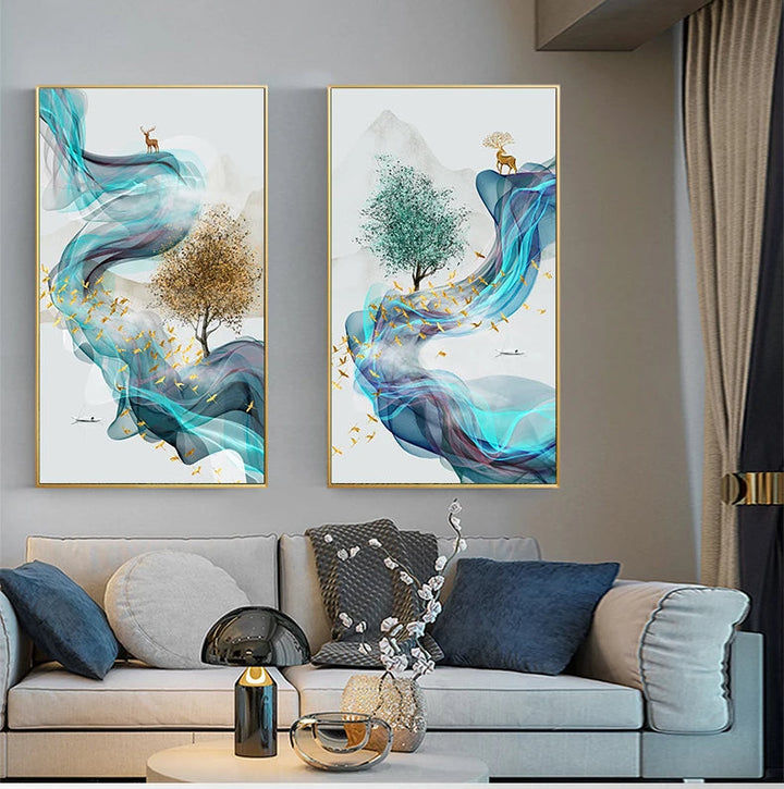 Lykke bringende Gyldne Reinsdyr Flytende Abstrakt Landskap Veggkunst Fint Kunst Lerret Trykk Inspirasjonsbilder For Stue Spisestue Kunst Dekor | Skanto