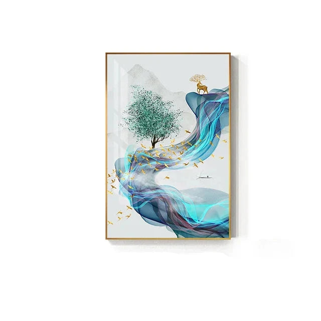 Lykke bringende Gyldne Reinsdyr Flytende Abstrakt Landskap Veggkunst Fint Kunst Lerret Trykk Inspirasjonsbilder For Stue Spisestue Kunst Dekor | Skanto