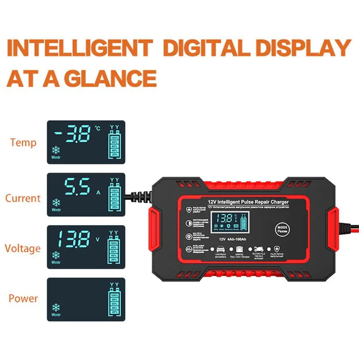 Skanto | 12V 6A Smart Bilen Batterilader | Pulse Reparasjon, LCD Skjerm & Hurtiglading for AGM, Gel & Blysyrebatterier