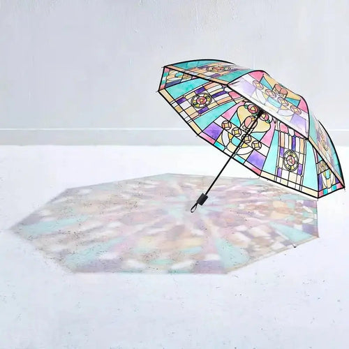 Automatisk paraply – vintagedesign med farget glass og vindvarsel