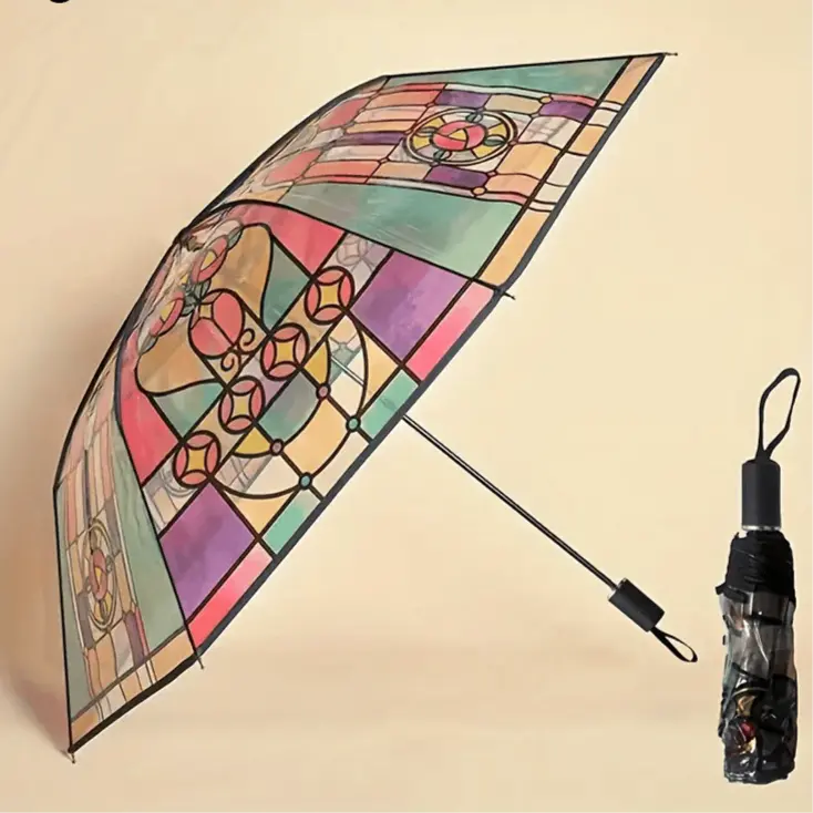 Automatisk paraply – vintagedesign med farget glass og vindvarsel