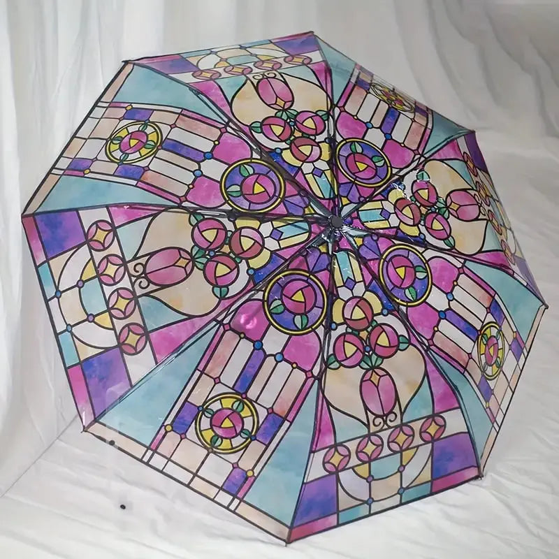 Automatisk paraply – vintagedesign med farget glass og vindvarsel