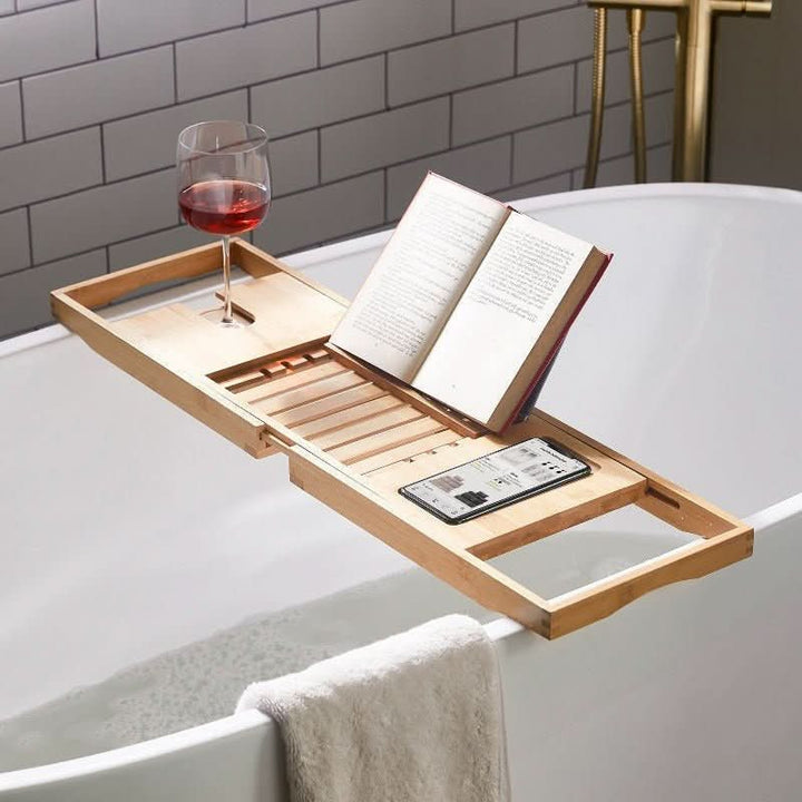 Skanto | Solavera Bamboo Relax Tray | Extendbar Badekarbrett | Bærekraftig & Elegant | Med Glass- og Bokholder for Spa Nytelse Hjemme