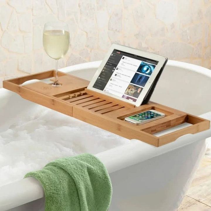 Skanto | Solavera Bamboo Relax Tray | Extendbar Badekarbrett | Bærekraftig & Elegant | Med Glass- og Bokholder for Spa Nytelse Hjemme