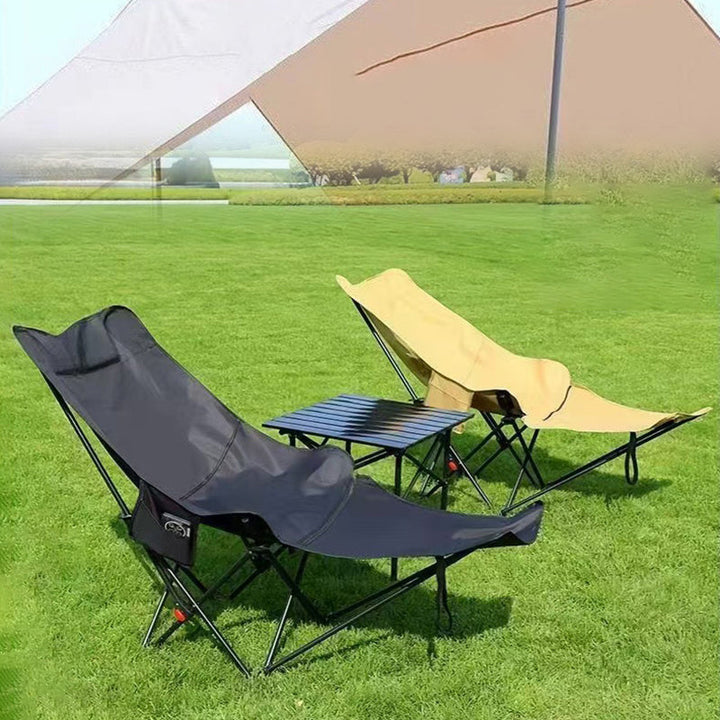 Sammenleggbar campingstol laget av Oxford-stoff og karbonstål med ryggstøtte og fotstøtte for terrasse og hage