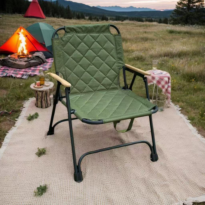 Moderne Minimalistisk Rektangulær Diamantmønstret Karbonstål Oxford Stoff Bøketræ Sammenleggbar Camping Stol Ryggstøtte Armlene For Hage | Skanto