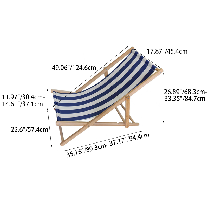 Rektangulær utendørs strandstol laget av heltre furu med sammenleggbar ryggstøtte, trukket med Oxford-stoff, for utendørs bruk.