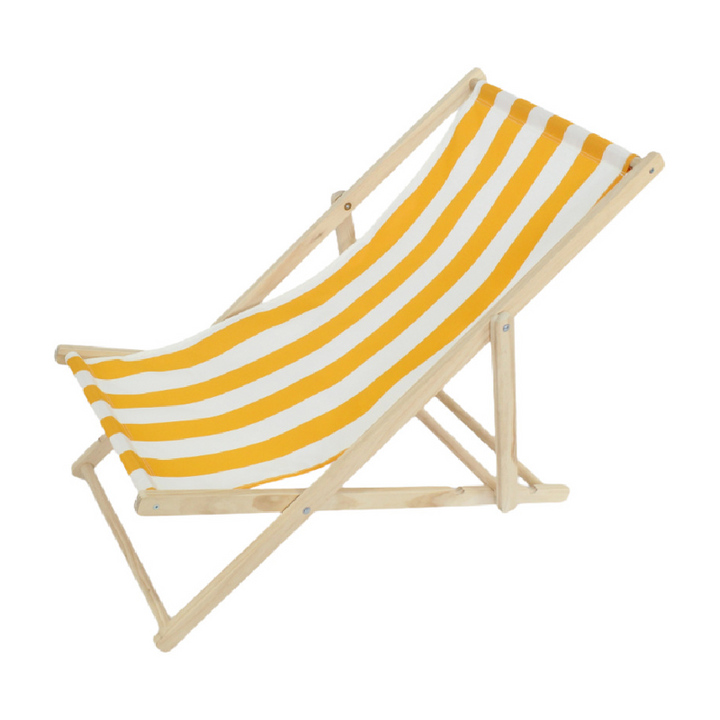 Rektangulær utendørs strandstol laget av heltre furu med sammenleggbar ryggstøtte, trukket med Oxford-stoff, for utendørs bruk.