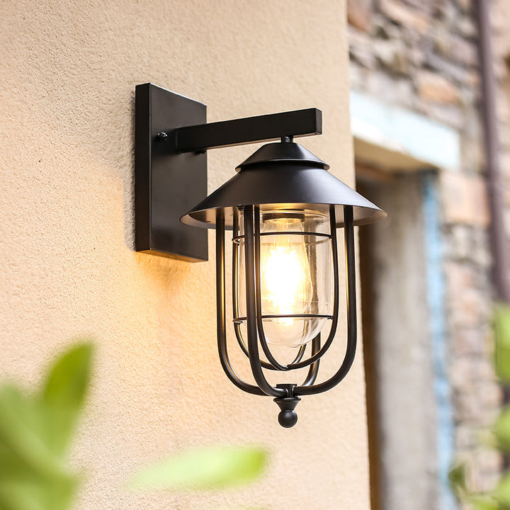 Moderne industriell jern- og glasskapslet sylinder 1-lys vegglampe for utendørs terrasse | Skanto