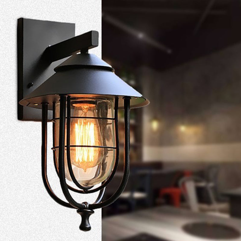 Moderne industriell jern- og glasskapslet sylinder 1-lys vegglampe for utendørs terrasse | Skanto
