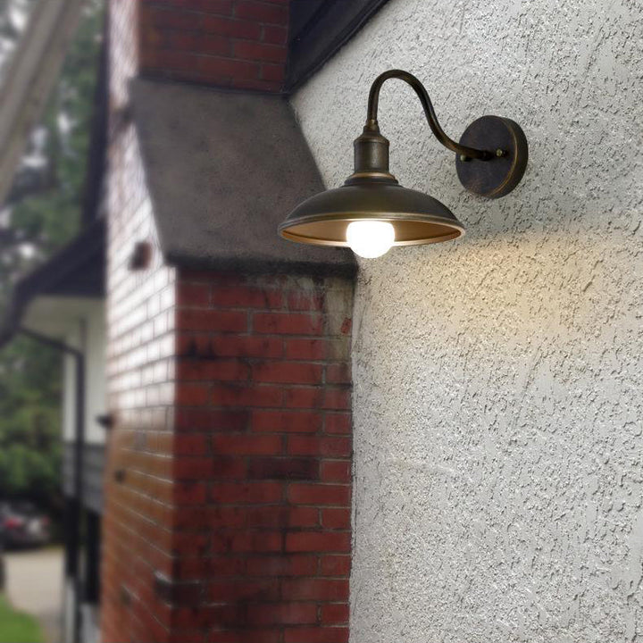 Moderne industriell rund potte lokk form buet stang jern skygge 1-lys vegglampe for uteplass | Skanto