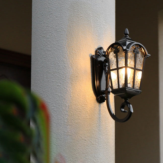 Tradisjonell europeisk kvadratisk blonder aluminium trykt glass 1-lys utendørs vegglampe for hage | Skanto