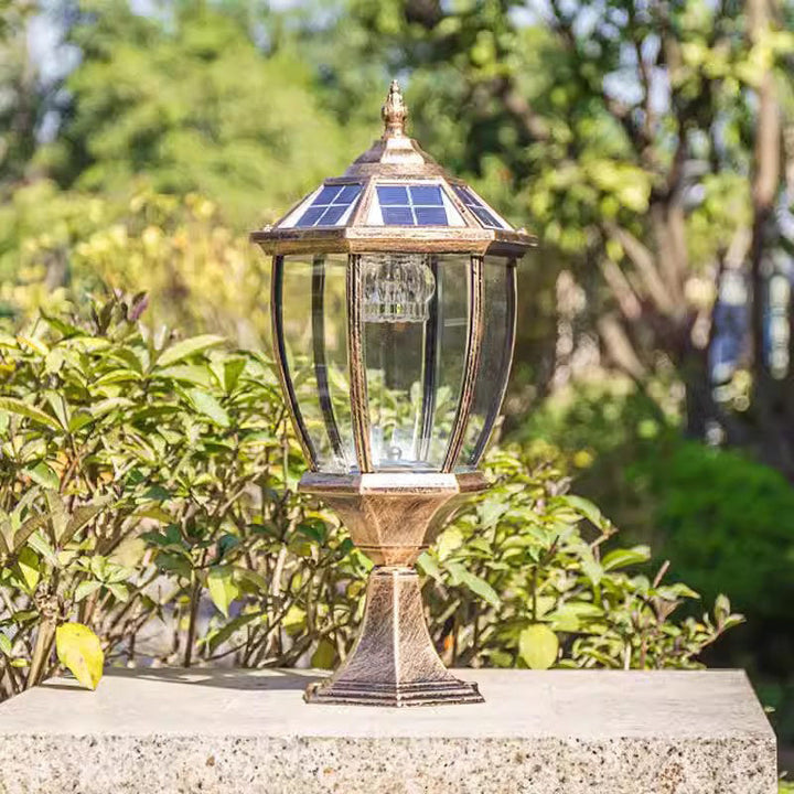 Moderne Retro Sekskant Aluminium Glass LED Sollykt Hode Landskapslys For Hage | Skanto