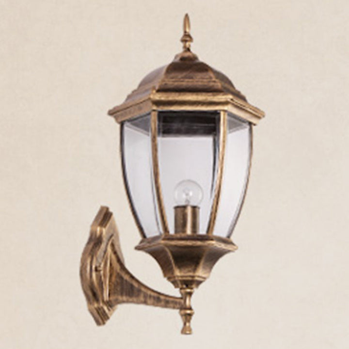 Samtidig Retro Vanntett Hexagonal Bur Aluminium Frostet Klart Glass 1-Lykt Vegglampe For Ute Patio | Skanto