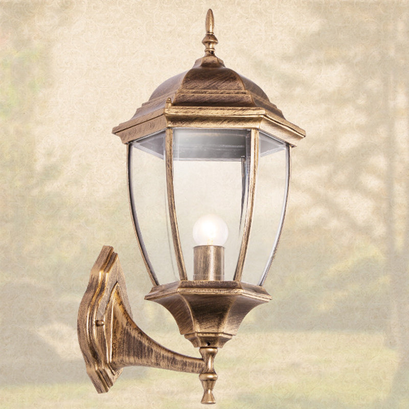 Samtidig Retro Vanntett Hexagonal Bur Aluminium Frostet Klart Glass 1-Lykt Vegglampe For Ute Patio | Skanto