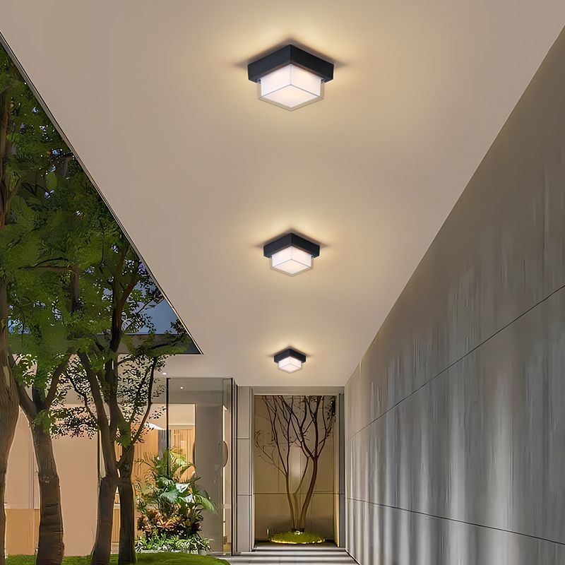 Moderne Minimalistiske Vanntette Firkantede Runde Sylinder Trykkstøpt Aluminium Akryl LED Flush Mount Taklampe For Utendørs Terrasse | Skanto