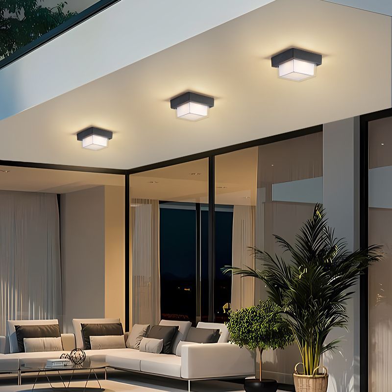 Moderne Minimalistiske Vanntette Firkantede Runde Sylinder Trykkstøpt Aluminium Akryl LED Flush Mount Taklampe For Utendørs Terrasse | Skanto