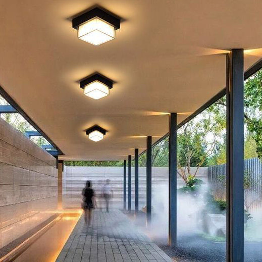 Vanntett, firkantet, rund, sylindrisk LED-taklampe laget av støpt aluminium og akryl for utendørsterrasser
