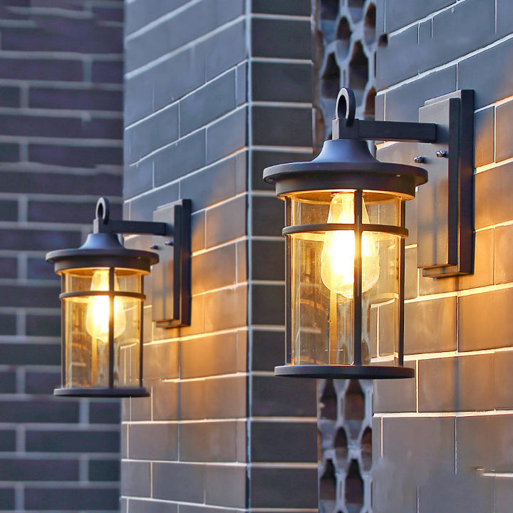Moderne industriell sylinder aluminium glasskjerm 1-lys vanntett vegglampe for utendørs uteplass | Skanto